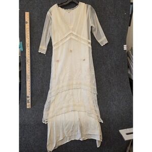 Nataya Dress Womens M White Lace Embroidered Mesh 3/4 Sleeve Maxi Boho Wedding